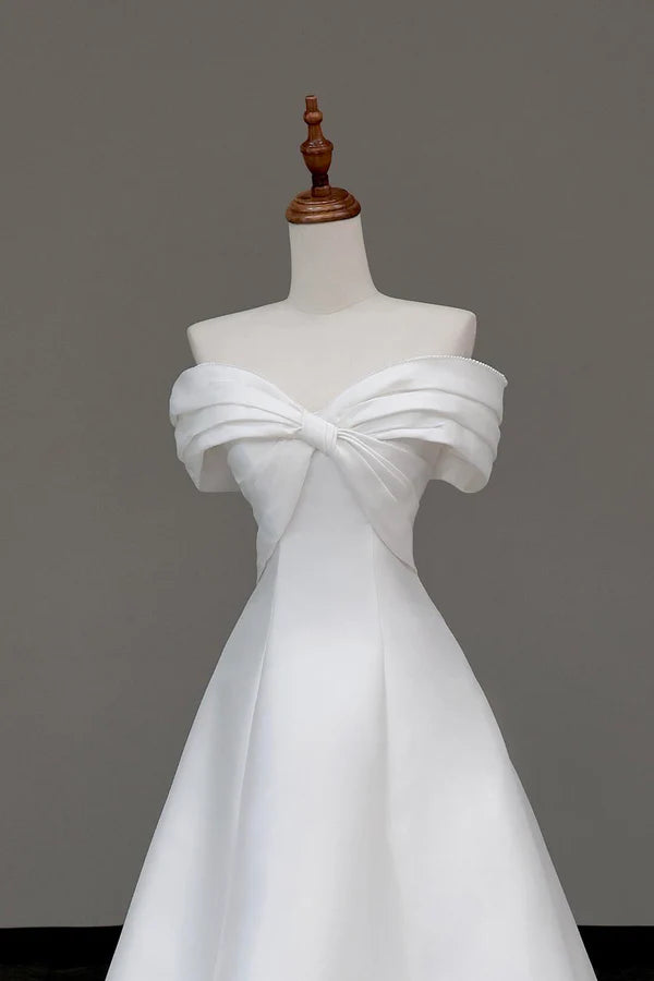 Wholesale White Satin Long Prom Dress Off the Shoulder A-Line Evening Party Dress
